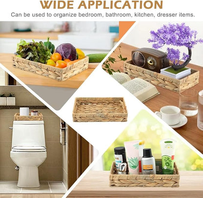 Wicker & Rattan Serving Tray - 10" Rectangle Bathroom Vanity Tray with Storage for Paper Hand Towels