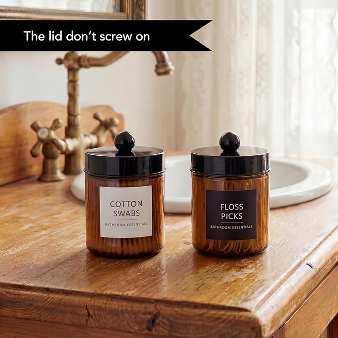 Amolliar Amber Glass Qtip Holder, Apothecary Jars with Black Plastic Lid & Stickers-Bathroom Qtip Dispenser Storage Organizer Set, Vanity Counter Cantainer for Cotton Swabs,Round Floss (4 Pack)