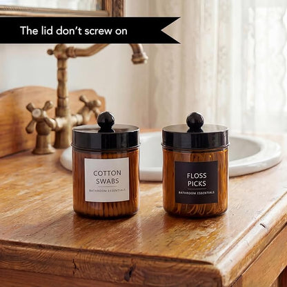 Amolliar Amber Glass Qtip Holder, Apothecary Jars with Black Plastic Lid & Stickers-Bathroom Qtip Dispenser Storage Organizer Set, Vanity Counter Cantainer for Cotton Swabs,Round Floss (4 Pack)