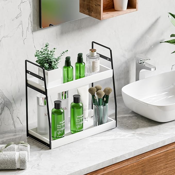 VITVITI 2-Tier Bathroom Organizer Countertop, Wood Bathroom Counter Organizer and Storage, Bathrom Corner Sink Vanity Skincare Organizer Shelf with Hooks, White