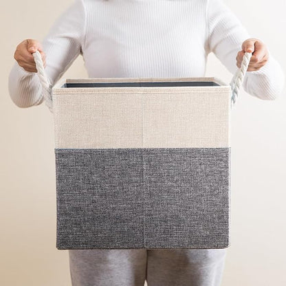 PRANDOM Large Foldable Cube Storage Bins 13x13 inch [4-Pack] Fabric Linen Storage Baskets Cubes Drawer with Cotton Handles Organizer for Shelves Nursery Closet Bedroom White and Grey