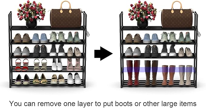 Hsscblet 5 Tiers Metal Shoe Rack,Adjustable Shoe Shelf Storage Organizer with Hooks,Stackable Boot & Shoe Storage,for Entryway,Hallway,Closet,Black