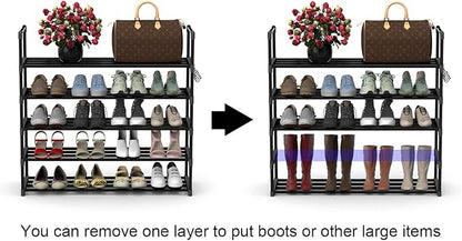 Hsscblet 5 Tiers Metal Shoe Rack,Adjustable Shoe Shelf Storage Organizer with Hooks,Stackable Boot & Shoe Storage,for Entryway,Hallway,Closet,Black