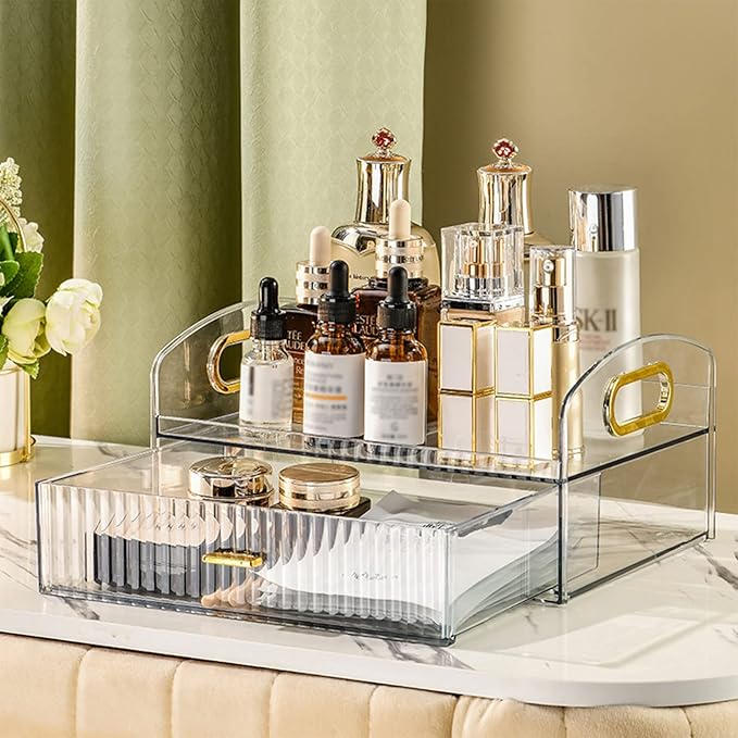 DASITON Vintage striped Makeup Brush holder Organizer,Acrylic Drawers Makeup Organizers,Spacious Cosmetic Display Case,Jewelry Storage,for Vanity,Bathroom,Desk Storage Container（Clear）