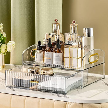 DASITON Vintage striped Makeup Brush holder Organizer,Acrylic Drawers Makeup Organizers,Spacious Cosmetic Display Case,Jewelry Storage,for Vanity,Bathroom,Desk Storage Container（Clear）