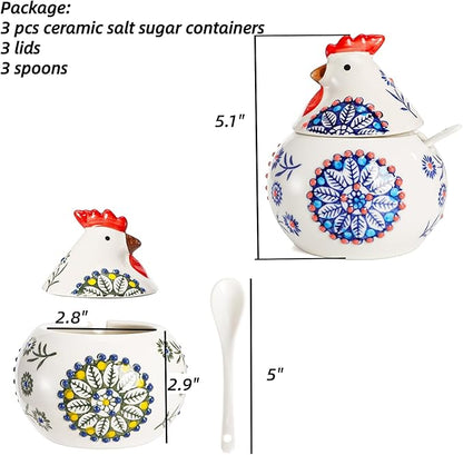 Dicunoy 3 Pack Ceramic Salt Sugar Containers, Large 13 OZ Chicken Salt Cellars with Lids and Spoons, Farmhouse Style Sturdy Condiment Jars for Serving, Home, Kitchen Countertop