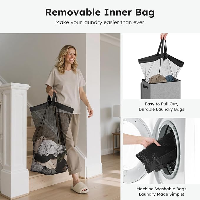 SOLEDI Laundry Hamper with Lid 100L Large & Tall Collapsible Laundry Basket, Clothes Hamper with Bag Removable Easy to Carry, Dirty Hampers for Bedroom, Bathroom, Dorm, College, Grey