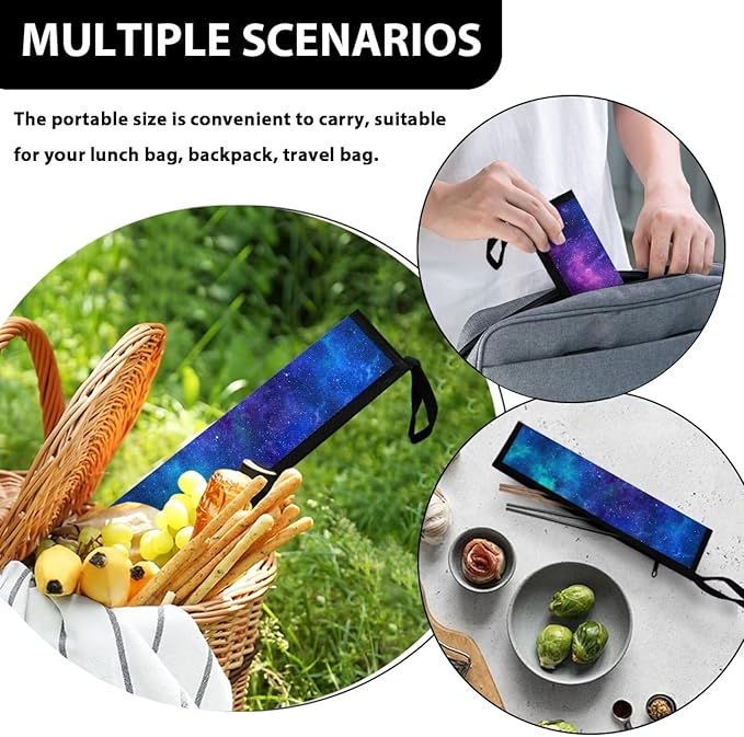 COEQINE Purple Space Theems Straw Carrying Bag With Handles Reusable Tableware Carrying Case Flateware Pouch Portable Travel Utensil Organizer for Spoon Fork Chopsticks Gift for Father Women Men