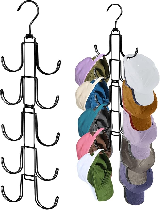 Baseball Hat Organizer for Closet: Hanging Cap Rack with 10 Rotatable Large Hooks - Metal Hat Hanger for Wall Home Door Apartment - Holds Up to 40 Baseball Caps - 1 Pack Black