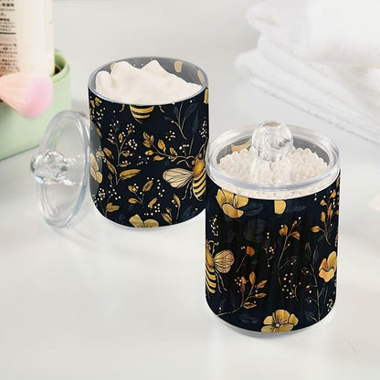 4 Pack Qtip Holder Dispenser Bumblebee Wildflowers Cotton Ball Cotton Swab Cotton Round Pads Floss Clear Bathroom Storage Containers Plastic Apothecary Jars with Lids