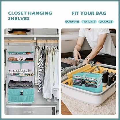Surblue Hanging Closet Storage Bag Collapsible 3-Shelf Washable Oxford Fabric with 2 Hooks (L 11.41 * 11.41 * 19.68in, Aqua Blue)