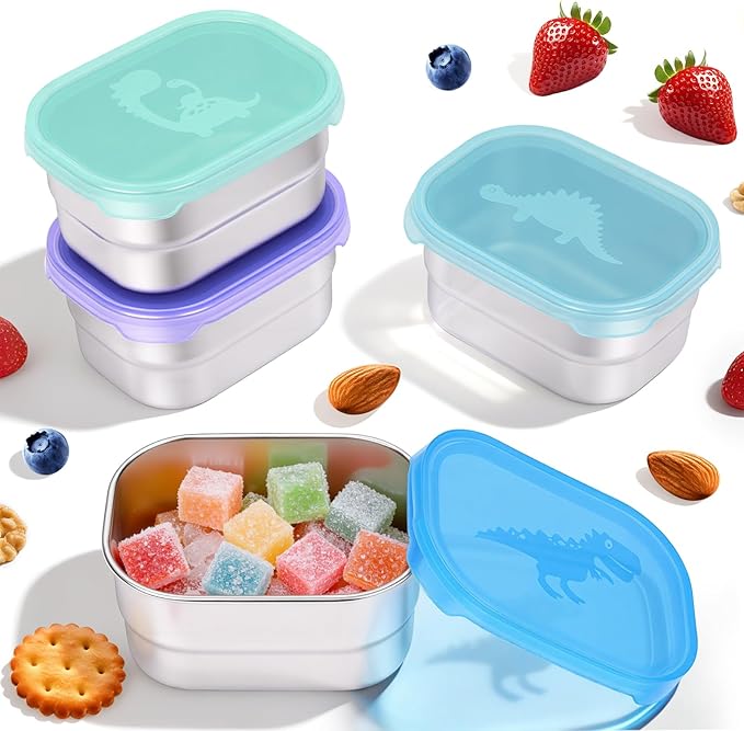 Tanjiae 4×8oz Small Stainless Steel Snack Containers for Kids & Toddlers - 230mL Leakproof Food Containers with Cute Dino Lids | LFGB Certified, Stackable Metal Snack Box for Daycare, School, Travel