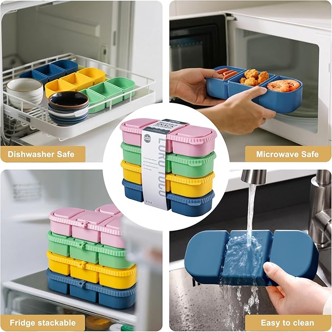 Silicone Reusable Snack Containers with Lids, 4 Pack 3 Compartment Bento Snack Boxes, Leakproof Food Storage Containers for Meal Prep, Lunch, Fruits, Kids & Adults, Dishwasher Safe