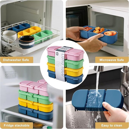 Silicone Reusable Snack Containers with Lids, 4 Pack 3 Compartment Bento Snack Boxes, Leakproof Food Storage Containers for Meal Prep, Lunch, Fruits, Kids & Adults, Dishwasher Safe