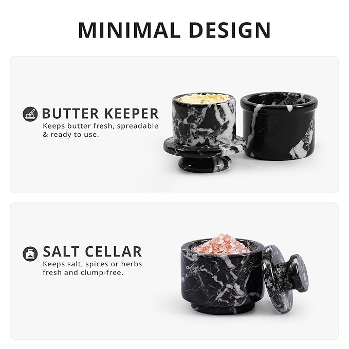 Marble Butter Keeper and Salt Cellar Set, Black Zebra Marble Kitchen Counter Containers for Butter, Seasoning & Condiments, Home & Kitchen Décor