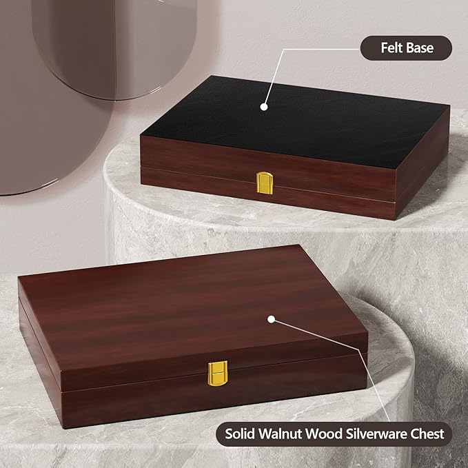 Walnut Wood Silverware Storage Box,Silverware Case Flatware Chest with Felt Lined,Flatware Storage Box for 12 sets of Utensils,Silverware Chest without Silverware,Silverware Organizer with Lid