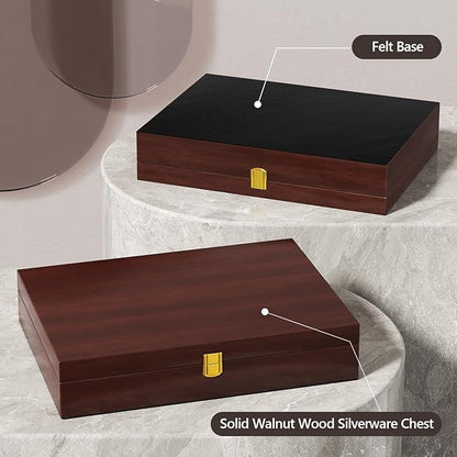 Walnut Wood Silverware Storage Box,Silverware Case Flatware Chest with Felt Lined,Flatware Storage Box for 12 sets of Utensils,Silverware Chest without Silverware,Silverware Organizer with Lid