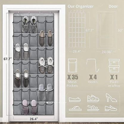 35 Large Pockets Over The Door Shoe Organizer – Sturdy Oxford Fabric Hanging Shoe Rack with Mesh Pockets, Door Shoe Rack with 4 Metal Hooks, Space-Saving Shoe Holder for Closet, Gray