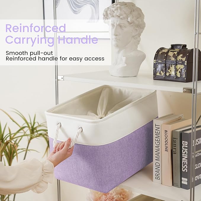 Large Storage Baskets- 16x12x12 inch Storage Bins for Shelves and Closet Organizing, Foldable Fabric Bin for Home Organization Clothes and Laundry (1-Pack, White&Purple)