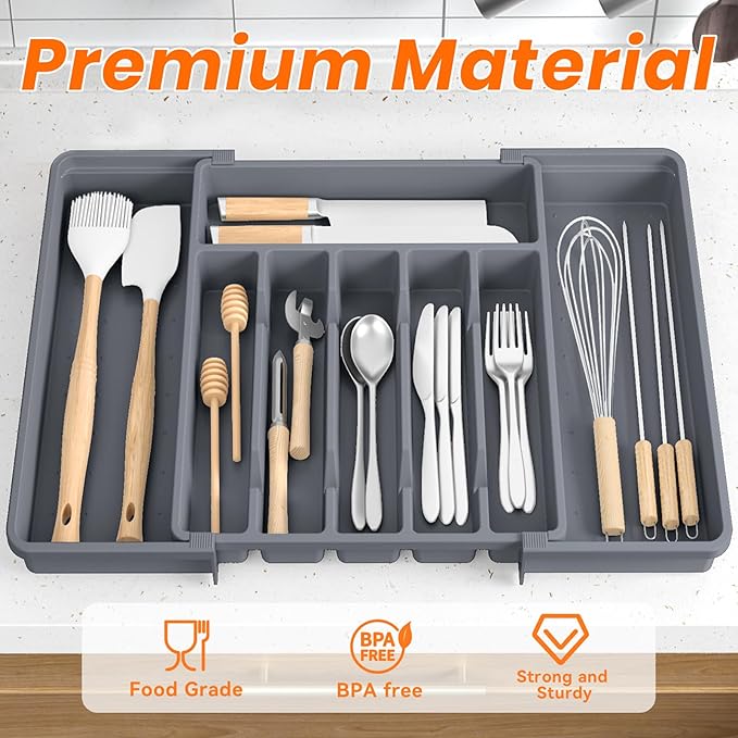 RoomHacks Large Silverware Organizer,Expandable Utensil Drawer Organizer,BPA Free Utensil Holder,Adjustable Silverware Tray Cutlery Drawer Organizer for Kitchen Flatware,Large,Grey,2 Pack