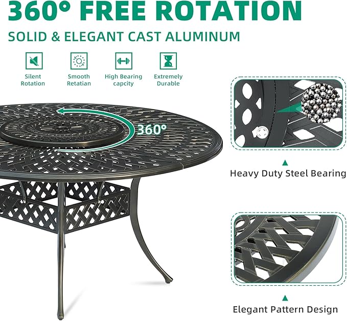 VIVIJASON 24" Patio Cast Aluminum Lazy Susan Turntable, 360° Rotating Display Tray for Outdoor Dining Table, Spinning Rotating Food Server Party Centerpieces with Umbrella Hole, Lattice Style