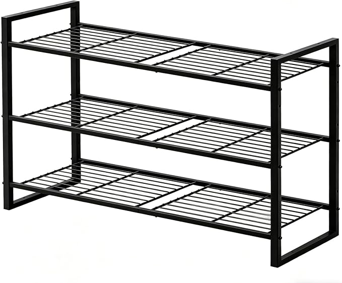 3 Tier Shoe Rack 27" Wide, Metal Frame Shoe Organizer for Front Door Entrance, Stackable Shoes Storage Shelf for Entryway, Closet, Black