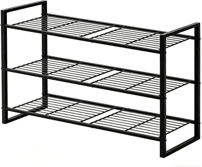 3 Tier Shoe Rack 27" Wide, Metal Frame Shoe Organizer for Front Door Entrance, Stackable Shoes Storage Shelf for Entryway, Closet, Black