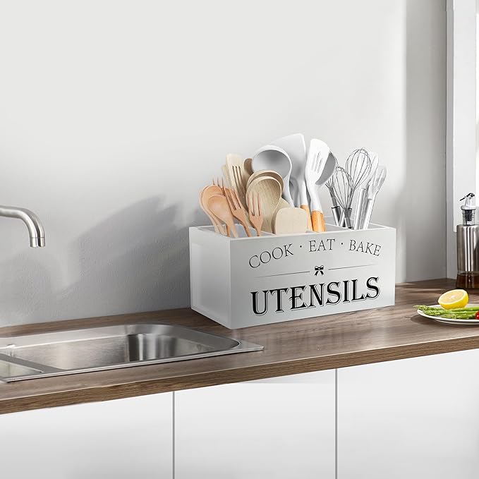 Suli Extra Large Kitchen Utensils Holder with 4 Compartments (White)
