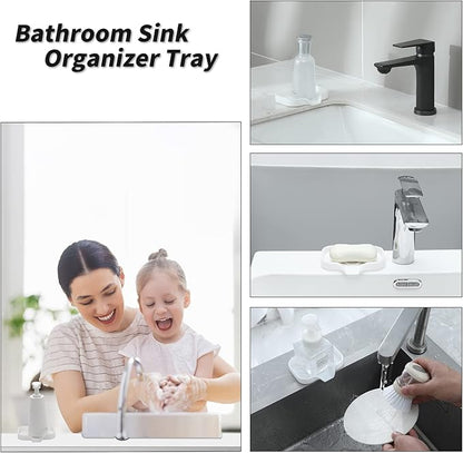 MicoYang Silicone Bathroom Soap Dishes with Drain Spout-Bathroom and Kitchen Sink Organizer,Sponge Holder,Dish Soap Tray,Perfect for Dispenser,Scrubber,Bottle,Cup on Sink or Counter-White 4.9"×3.2"
