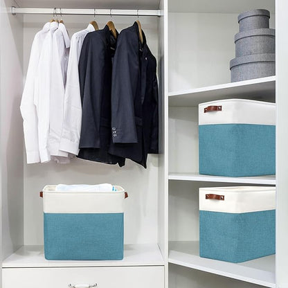 Bagnizer Large Fabric Storage Baskets | 50L Storage Bins, Decorative Linen Closet Baskets with Handles for Organizing, Shelf, Toys, Clothes, Home, Office, Nursery, 17x12x15Inches (Teal&White)