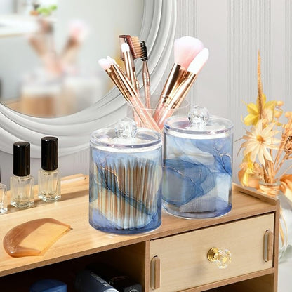 2 Pack Qtip Holder Dispenser Blue Marble Ink Modern Fluid Art (2) Bathroom Storage Canister Lid 10 oz Acrylic Plastic Apothecary Jar Set Vanity Makeup Organizer for Cotton Swab/Ball/Round Pads, Floss