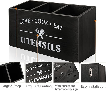 MINCORD Kitchen Utensil Holder with 3 Compartments, Rustic Wooden Storage Organizer Box Vintage Cutlery Farmhouse Flatware Utensil Caddy Countertop for Silverware Fork Spoon Spatula