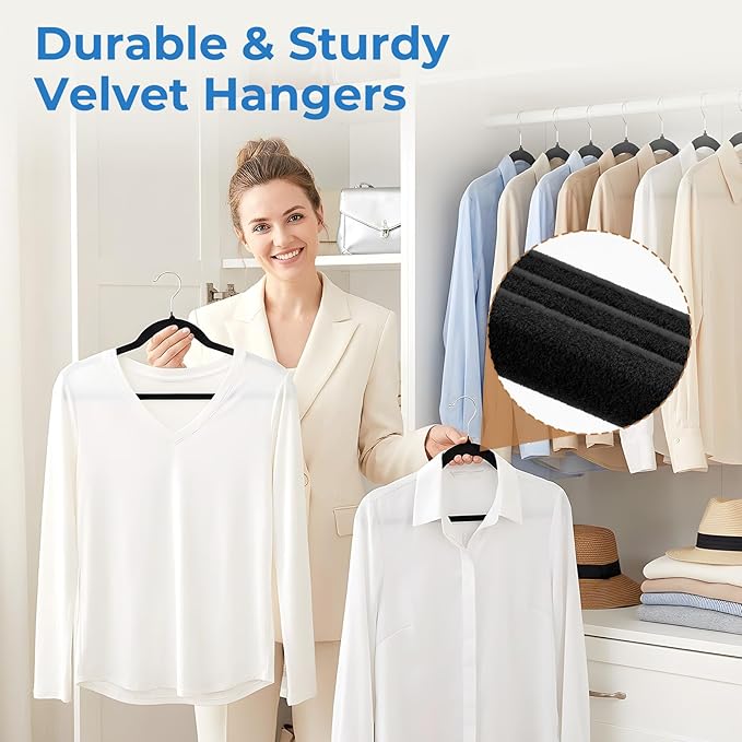 Smartor Black Velvet Hangers 50 Pack, Non Slip Clothes Hangers with Shoulder Notches, Premium Slim Space Saving Felt Hanger for Closet Organizers and Storage, Heavy Duty Hanger for Coat
