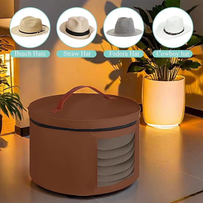 Samplife Hat Box,Hat Storage Box,Stackable Round Brim Hats Organizer Bag Container for Closet,Travel Hat Boxes for Women, Cowboy Hat Organizer, FoldableTravel Cap Boxes (04-Brown, 16.5" D x 10.5" H)