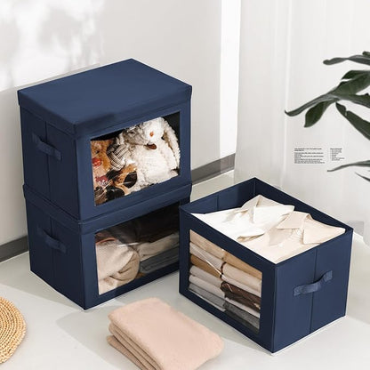 Homsorout Stackable Storage Bins with Lids - Large Storage Box with Lids, Foldable Closet Boxes for Organizing, Wardrobe Clothes Organizer with Window, Cubes Bins for Living Room, 4 Pack, Navy Blue