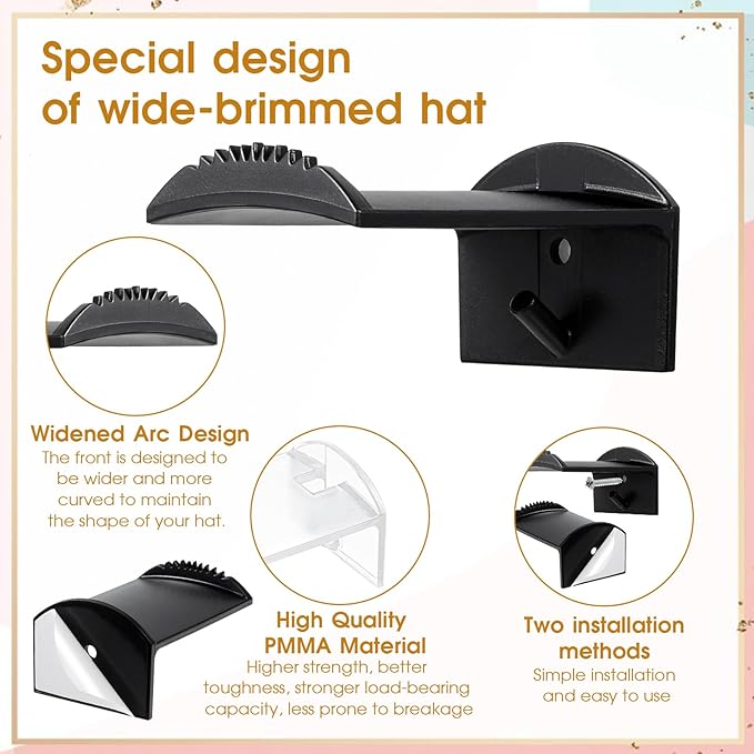 SHENLIU Hat Hooks for Wall - 24 Pcs Strong Adhesive Cowboy Hat Rack, 2.95" Extended Baseball Cap Hanger Display Hooks, Hat Organizer for Closet Door Wall, Clear White Black