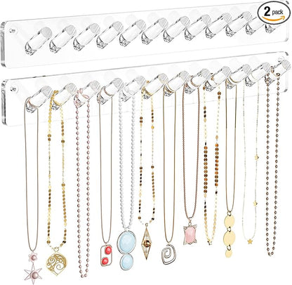 MaxGear Necklace Holder Wall 2-Pack, Clear Acrylic Jewelry Organizer with 24 Hooks, Tangle-Free Display for Necklace, Bangles, Ring, Bracelet Storage, Perfect for Bathroom, Vanity, Closet Door