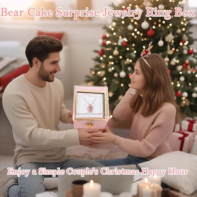 Little Bear Cake Rotating JewelryBox for Proposal - Rotating Ring Box Engagement Ring Box, Surprise Box Ring Bearer Box, necklace box for Birthday,Necklace Holder with Fabric Interior (pink)