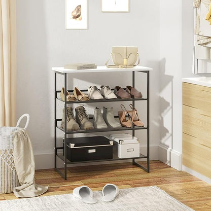 Garden 4 you Shoe Rack for Entryway 4 Tiers 11.8" D x 25" W x 28" H, Metal Shoe Rocks with White Wooden Tabletop, Angled Shoes Rack with Adjustable Mesh Shelves for Entryway Hallway Closet