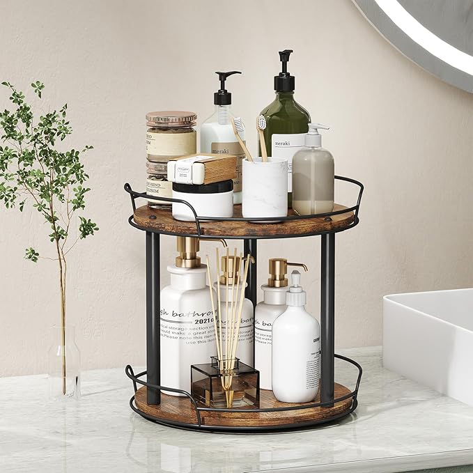 LAMU 9'' Wood Lazy Susan Turntable Organizer for Cabinet, 2 Tier Lazy Susan Spice Rack Organizer for Kitchen, Table Top, Countertop, Pantry, Medicine Organizer