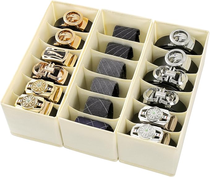 3 Packs Fabric Belt Organizer, 6 Grids Belt Organizer for Closet and Drawer, Foldable Dresser Drawer Organizers, Tie Storage -Beige