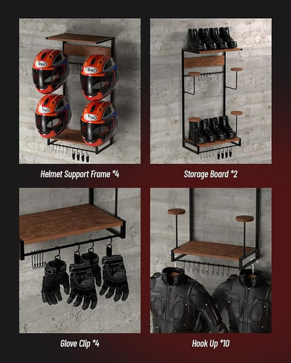 Vieshful Motorcycle Helmet Holder Wall Mount, Helmet Organize Rack with 2 Layer Wooden Boards and 4 Hat Stands,Helmet Hanger for Motorcycle Accesories Storage with 4 Glove Chips and 10 hooks