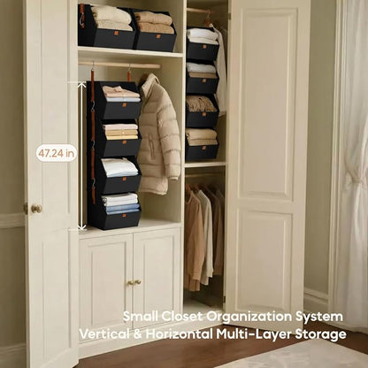 Homsorout Hanging Closet Organizer 4 Tier - Clothes Hanging Shelves, Space-Saving Closet System, Fabric Storage Bins Bedroom Organization, Collapsible Baskets for Home, Dorm, Rv, Black