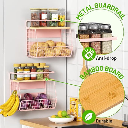 Magnetic Shelf for Fridge with Wood Lid, Fruit Potato and Onion Storage Bins, Pantry Organizers & Storage, Large Container Magnetic Spice Rack for Refrigerator, Kitchen Counter, Cabinet (Pink, 2)