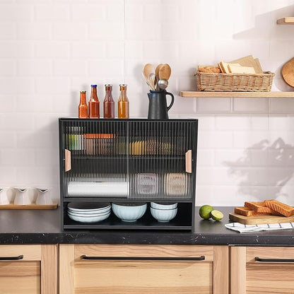 OUKANING 3 Tiers Small Bamboo Kitchen Pantry Sideboard with 2 Sliding Striped Glass Doors, Freestanding Kitchen Pantry Cabinet for Bottle, Dish, Bowl Console Dining Cupboard, Black