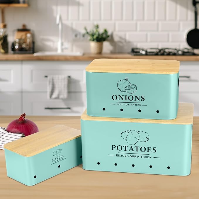 Kitchen Vegetable Storage Set of 3, Metal Onion Garlic Potato Storage Set, Kitchen Canisters Vegetable Keeper Containers with Aerating Holes and Wooden Lid (Blue)