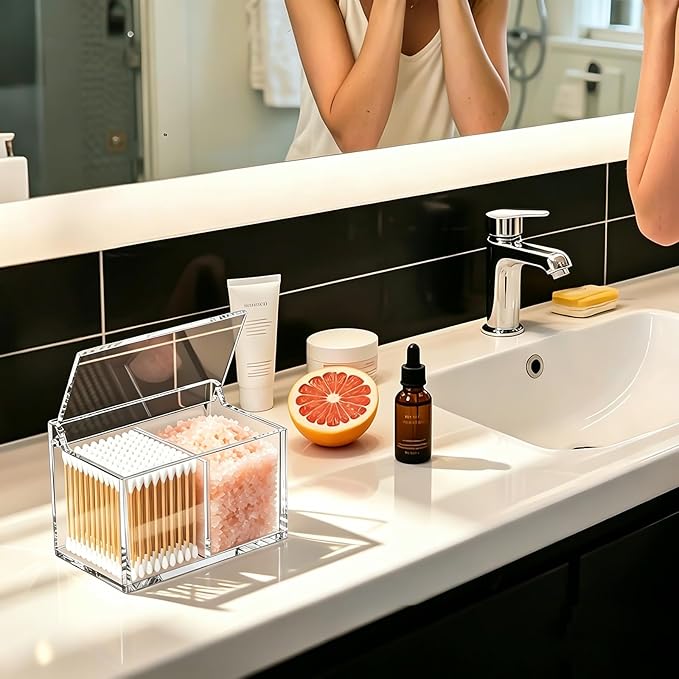 Qtip Holder Dispenser for Cotton Swabs, Balls, Pads, Floss Picks, 2 Compartments Clear Acrylic Container with Lid Apothecary Jar Bathroom Accessories Canister Vanity Storage Organizer