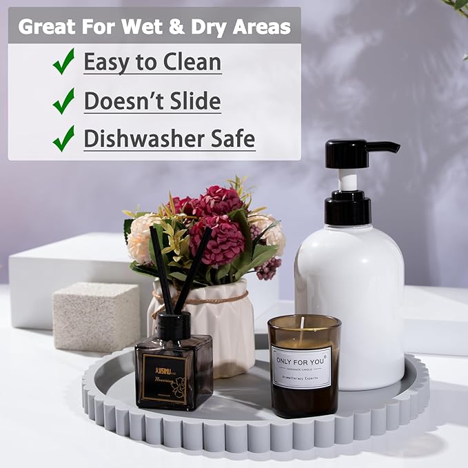 HighHerz Silicone Bathroom Countertop and Vanity Tray-10 Inch Round Silicone Bathroom Tray, Modern Bathroom Decor, Coffee Table Decor, Decorative Tray for Candle, Perfume, Plants (Grey)
