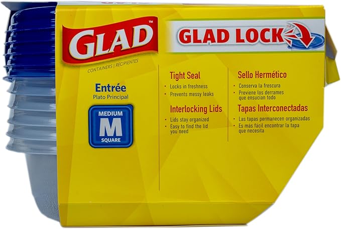 Glad GladWare Entree Food Storage Containers with Lids, Medium Square BPA Free Plastic for Meal Prep and Lunches, Lock Tight Seal, Microwave and Dishwasher Safe, 25 Oz, 5 Count