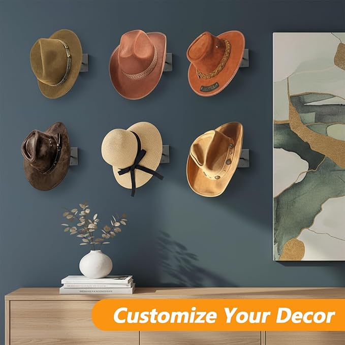 6 Pcs Cowboy Hat Rack for Wall, Cowboy Hat Holder Wall Mount, Western Rustic Metal Hats Hanger Hooks Organizer for Fedora, Sun Hats, Wide Brim, Western Room Decor